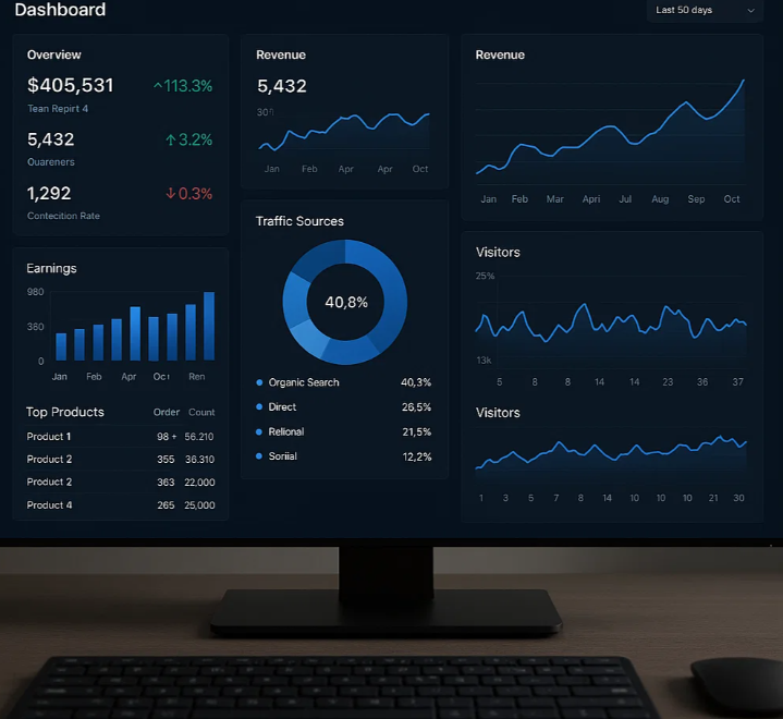 Dashboard de análise de dados num ecrã
